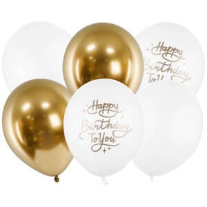 PartyDeco Sada 6ks balonků happy birthday to you mix zlatá bílá