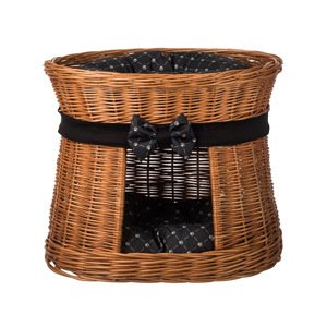 Proutěný pelíšek s boudou přírodní - obšitý s černou mašlí