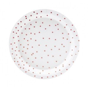 Bílý papírový talíř s rose gold puntíky - 6 ks